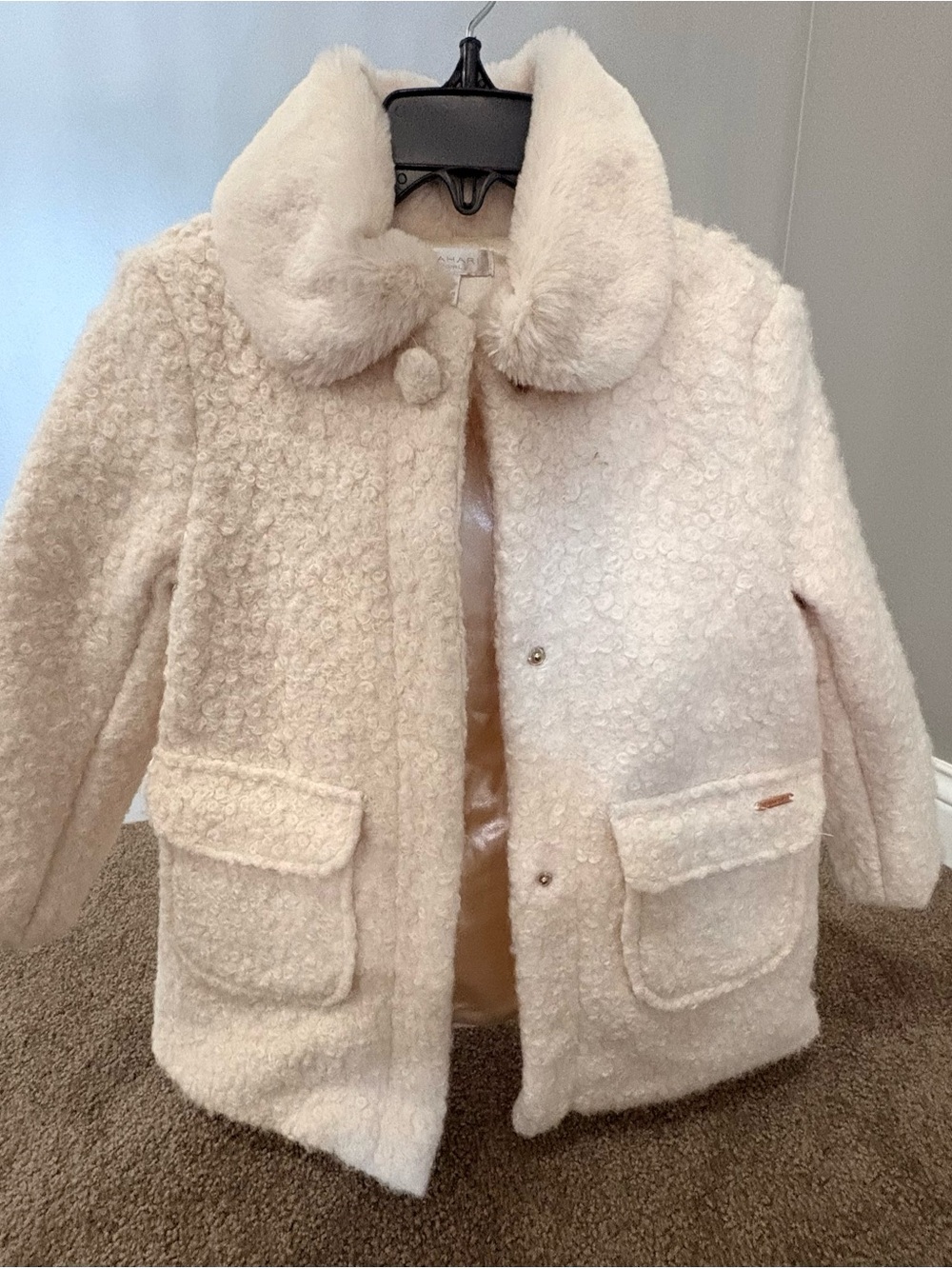 Tahari Cream Faux Fur Collar Pea Coat for Kids